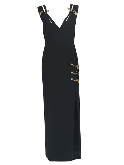 Shop Versace Safety Pin Embellished V-neck Long Dress In Black/gold