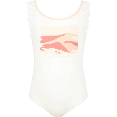 Shop Chloé Ivory Swimsuit For Girl With Logo In White