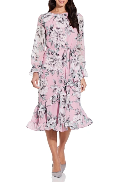Shop Adrianna Papell Floral Ruffle Midi Dress In Pink Multi