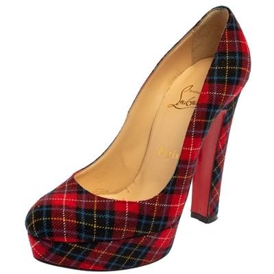 Pre-owned Christian Louboutin Red Fabric Bibi Flannel Plaid Platform Pumps Size 38