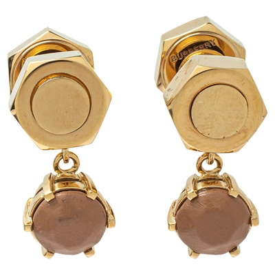 Pre-owned Burberry Gold Plated Leather Inlay Nut & Bolt Drop Earrings In Brown