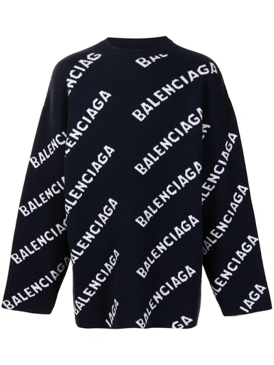 Shop Balenciaga Intarsia-knit Logo Jumper In Blue