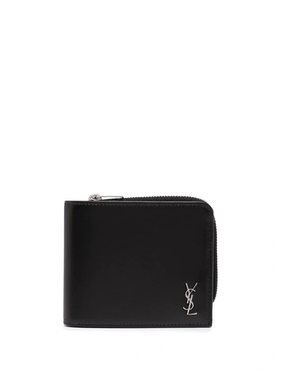 Shop Saint Laurent Ysl Plaque Zip-around Wallet In Black