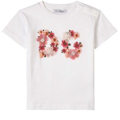 Shop Dolce & Gabbana White Floral Embroidered Logo T-shirt In Pink