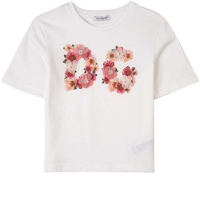 Shop Dolce & Gabbana White Floral Embroidered Logo T-shirt In Pink