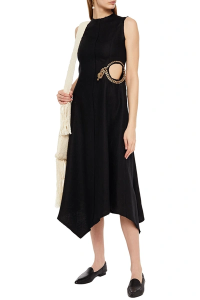 Shop Jw Anderson Asymmetric Cutout Embellished Linen Midi Dress In Black