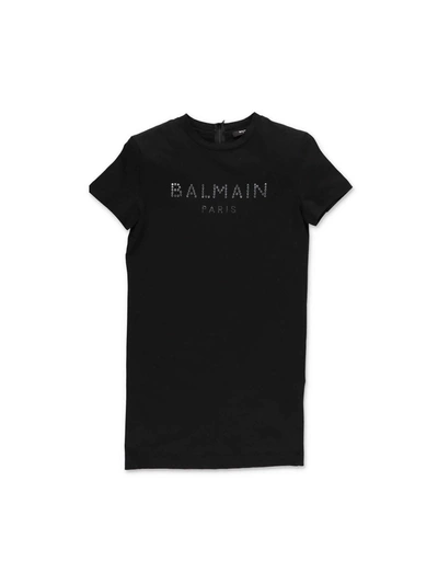 Shop Balmain Black Dress With Crystal Logo