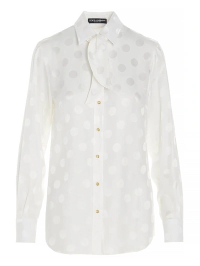 Shop Dolce & Gabbana Polka Dot Bow Shirt In White