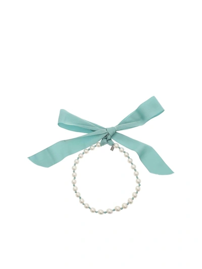 Shop Moschino Pearls And Ribbon Necklace In Light Blue