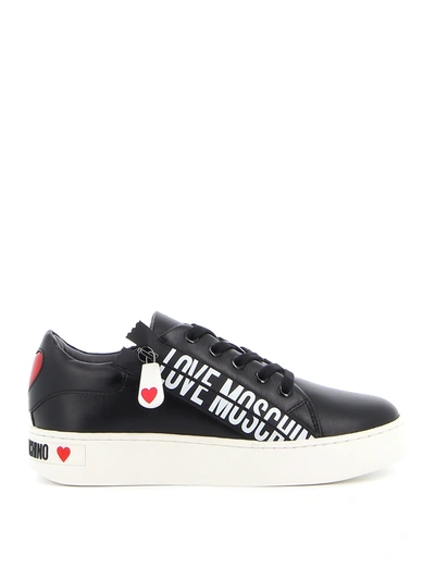 Shop Love Moschino Branded Leather Sneakers In Black