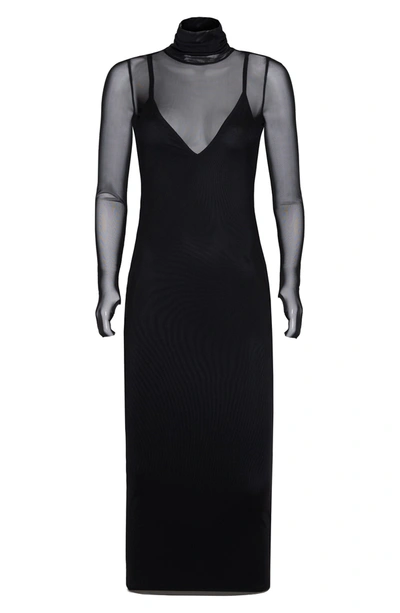 Shop Afrm Shailene Sheer Long Sleeve Dress In Noir