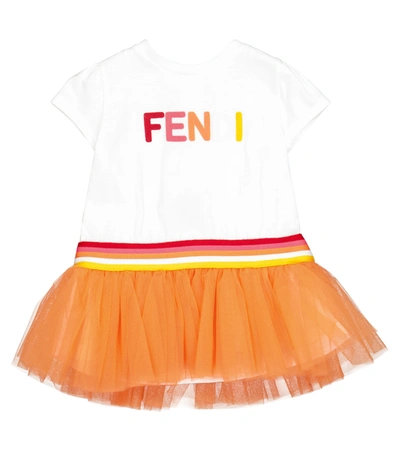 Shop Fendi Baby Logo Cotton And Tulle Dress In Orange