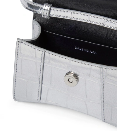 Shop Balenciaga Hourglass Mini Croc-effect Leather Crossbody Bag In Silver