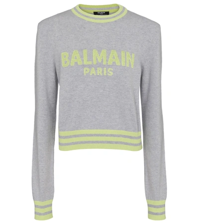 Shop Balmain Logo Wool And Cashmere-blend Sweater In Grey