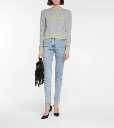 Shop Balmain Logo Wool And Cashmere-blend Sweater In Grey