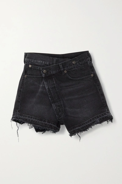 Shop R13 Crossover Asymmetric Distressed Denim Shorts In Black