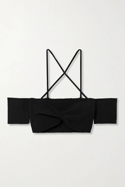 Shop Jacquemus Soleil Cropped Off-the-shoulder Ribbed Cotton-blend Top In Black