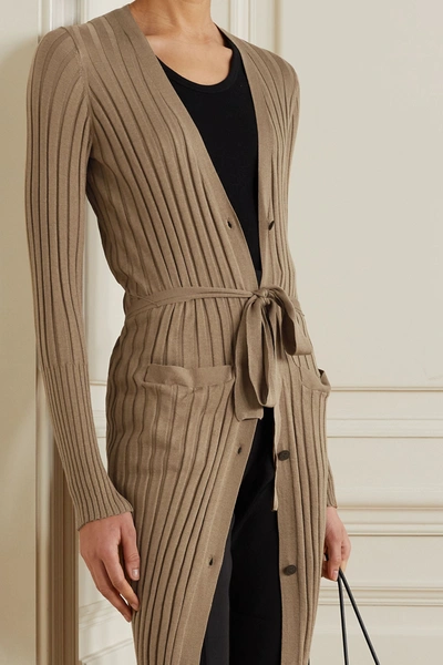 Shop Atm Anthony Thomas Melillo Belted Ribbed Silk And Cotton-blend Cardigan In Tan