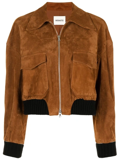 Shop Khaite Larissa Rib-trimmed Suede Jacket In Brown