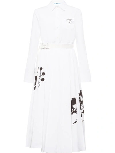 Prada Flower-print Belted Poplin Midi Dress In White | ModeSens