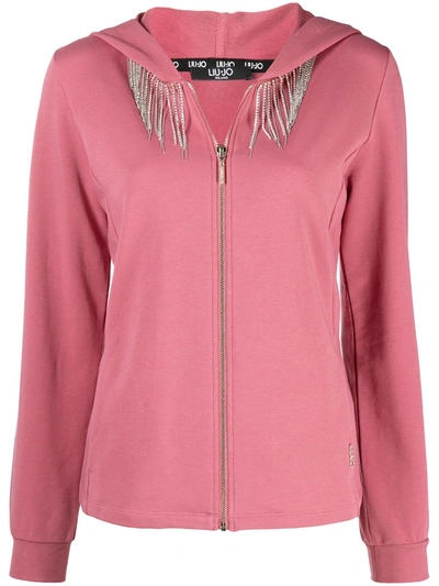 Shop Liu •jo Crystal Embellished Chest Hoodie In Pink