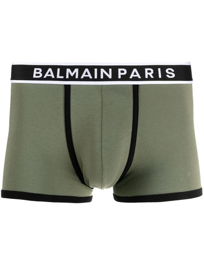 Shop Balmain Logo-waistband Cotton Boxer Shorts In Green