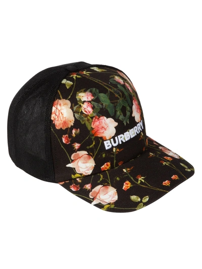 Shop Burberry Floral Print Mesh Cap In Black/multicolor