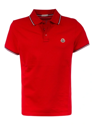 Shop Moncler Stripe Trimmed Logo Patched Polo Shirt In Red