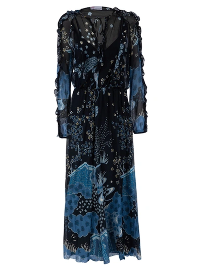 Shop Red Valentino Floral Lace Long Dress In Blue/black