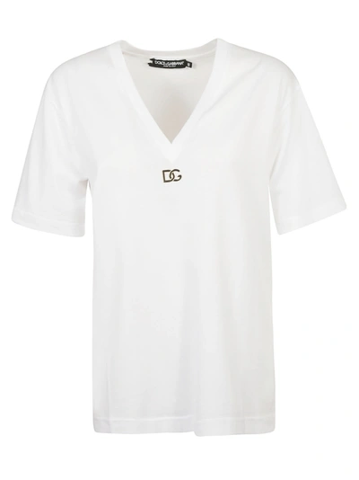 Shop Dolce & Gabbana V-neck Logo Plaque T-shirt In White Ottico