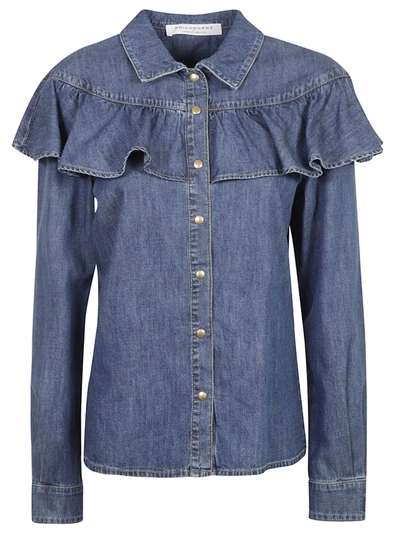 Shop Philosophy Di Lorenzo Serafini Ruffle Applique Denim Shirt In Blue