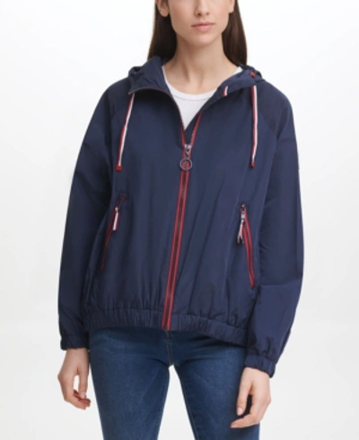 Shop Tommy Hilfiger Women's Iconic Sporty Hooded Windbreaker In Navy
