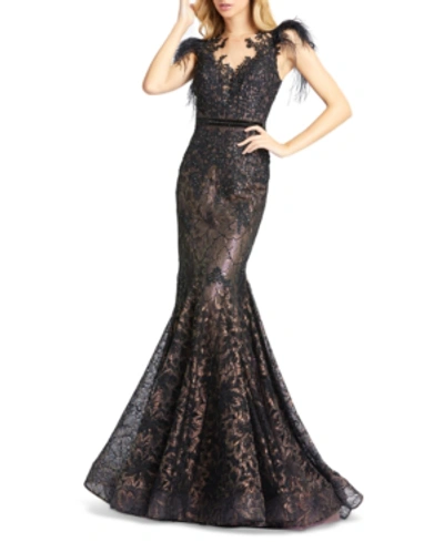 Shop Mac Duggal Women's Embellished Feather Cap Sleeve Illusion Neck Trump In Black