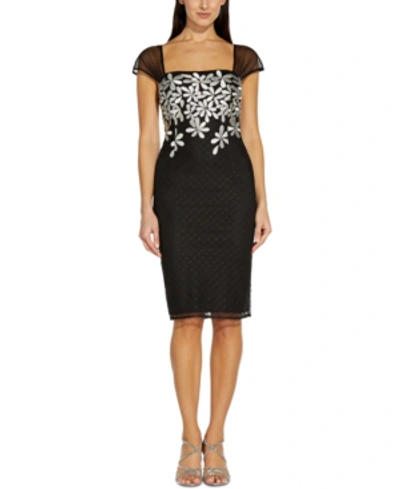 Shop Adrianna Papell Women's Embroidered-floral Sheath Dress In Black/ivory
