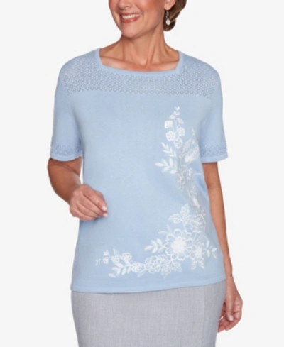 Shop Alfred Dunner Plus Size French Bistro Asymmetric Floral Pointelle Yoke Sweater In French Blue