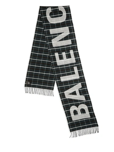 Shop Balenciaga Men's Logo Wool Tartan Scarf In Black