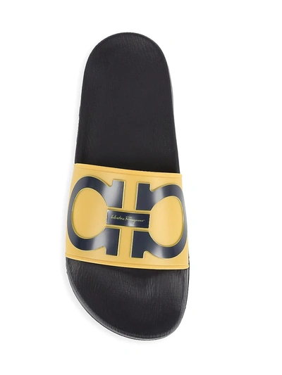 Shop Ferragamo Men's Groove Logo Pool Slides In Blue Yellow