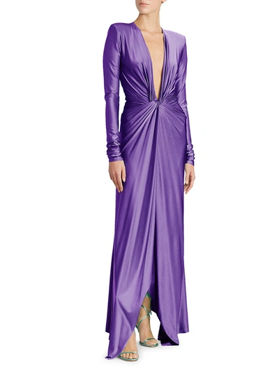 Shop Alexandre Vauthier Deep V Twisted Front Gown In Violet