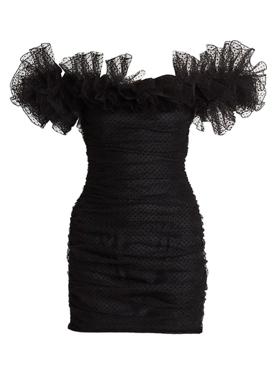Shop Alexandre Vauthier Dotted Mesh Ruffle Mini Dress In Black