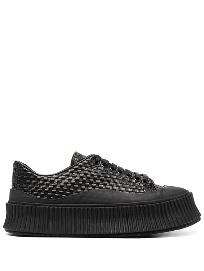 Shop Jil Sander Woven Leather Sneakers In Black
