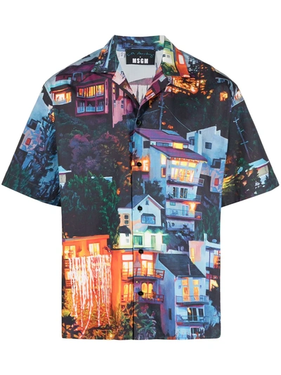 Shop Msgm Landscape-print Short-sleeve Shirt In Blue