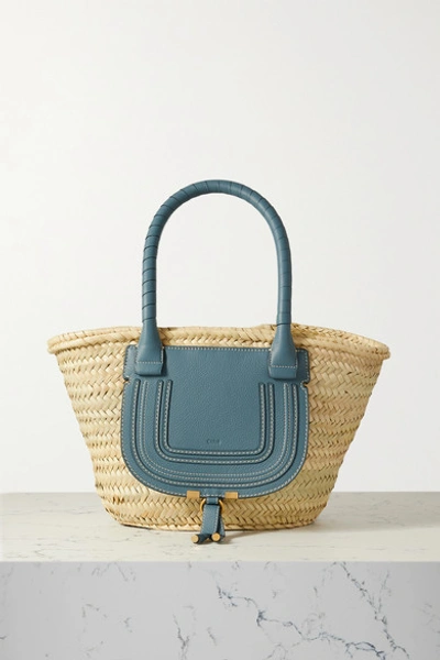 Shop Chloé Marcie Leather-trimmed Raffia Tote In Blue
