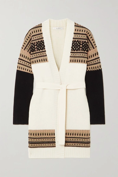Shop Max Mara Buona Belted Fair Isle Wool And Cashmere-blend Cardigan In Ivory