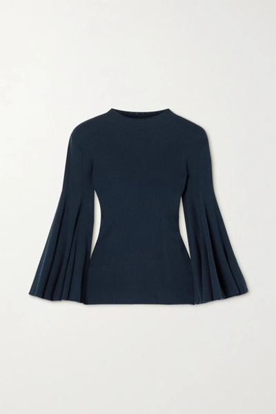 Shop Oscar De La Renta Pointelle-trimmed Ribbed Silk-blend Sweater In Navy