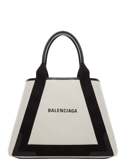 Shop Balenciaga Navy Cabas Medium Bag In Beige