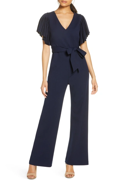 Shop Eliza J Pleated Sleeve Jumpsuit In Navy