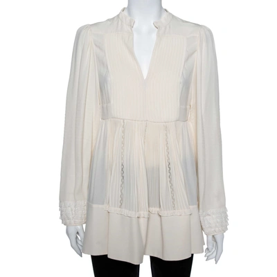 Pre-owned Valentino Cream Silk & Lace Pintuck Detail Tunic M