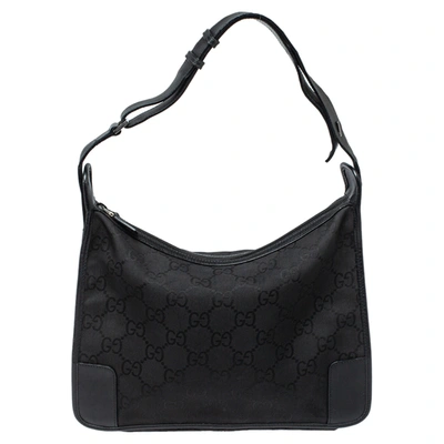 Pre-owned Gucci Black Gg Nylon And Leather Hobo Bag