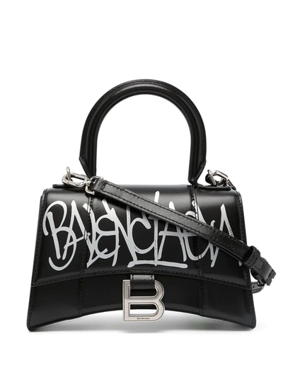Balenciaga Wo Hourglass Graffiti-print Leather Top Handle Bag - Black White