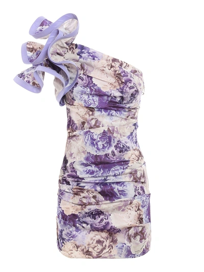Shop Elisabetta Franchi One Shoulder Ruffled Dress In Purple